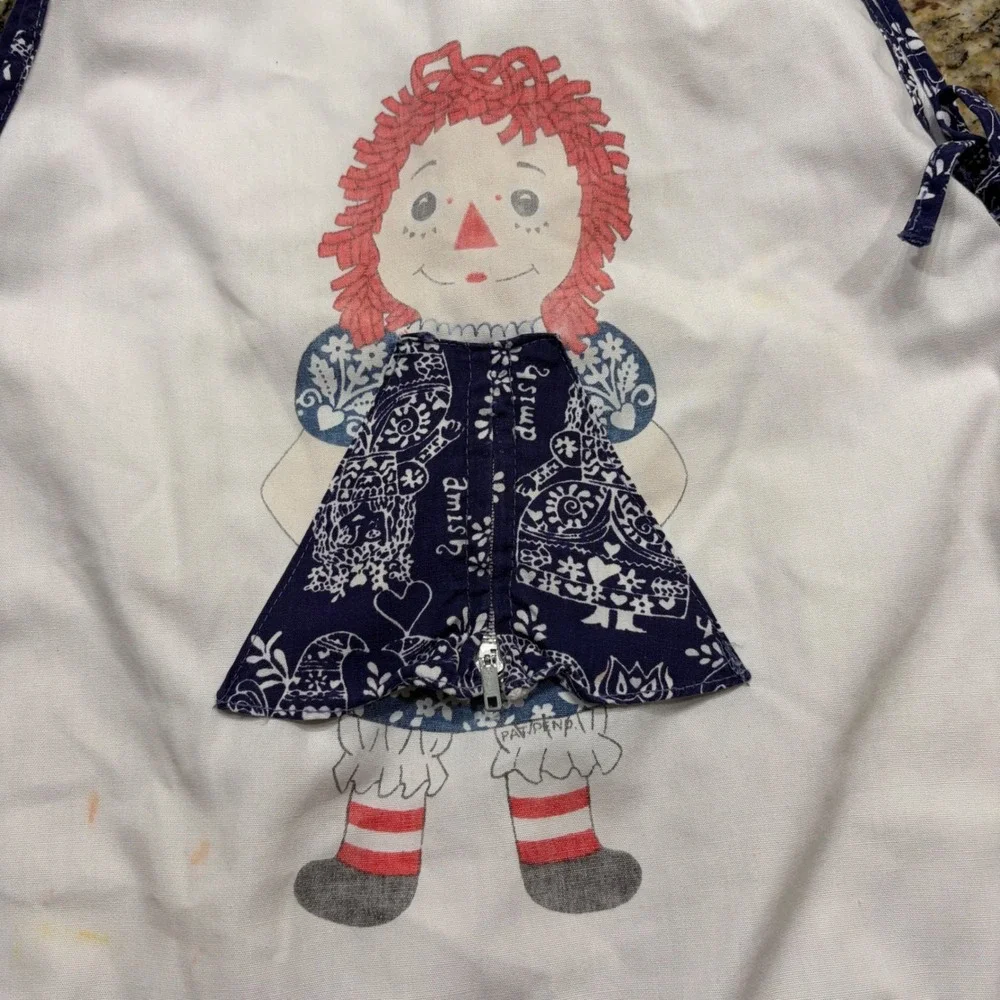 Vintage Raggedy Ann Kids Smock Apron White Navy Blue Side Tie Pinafore Zipper